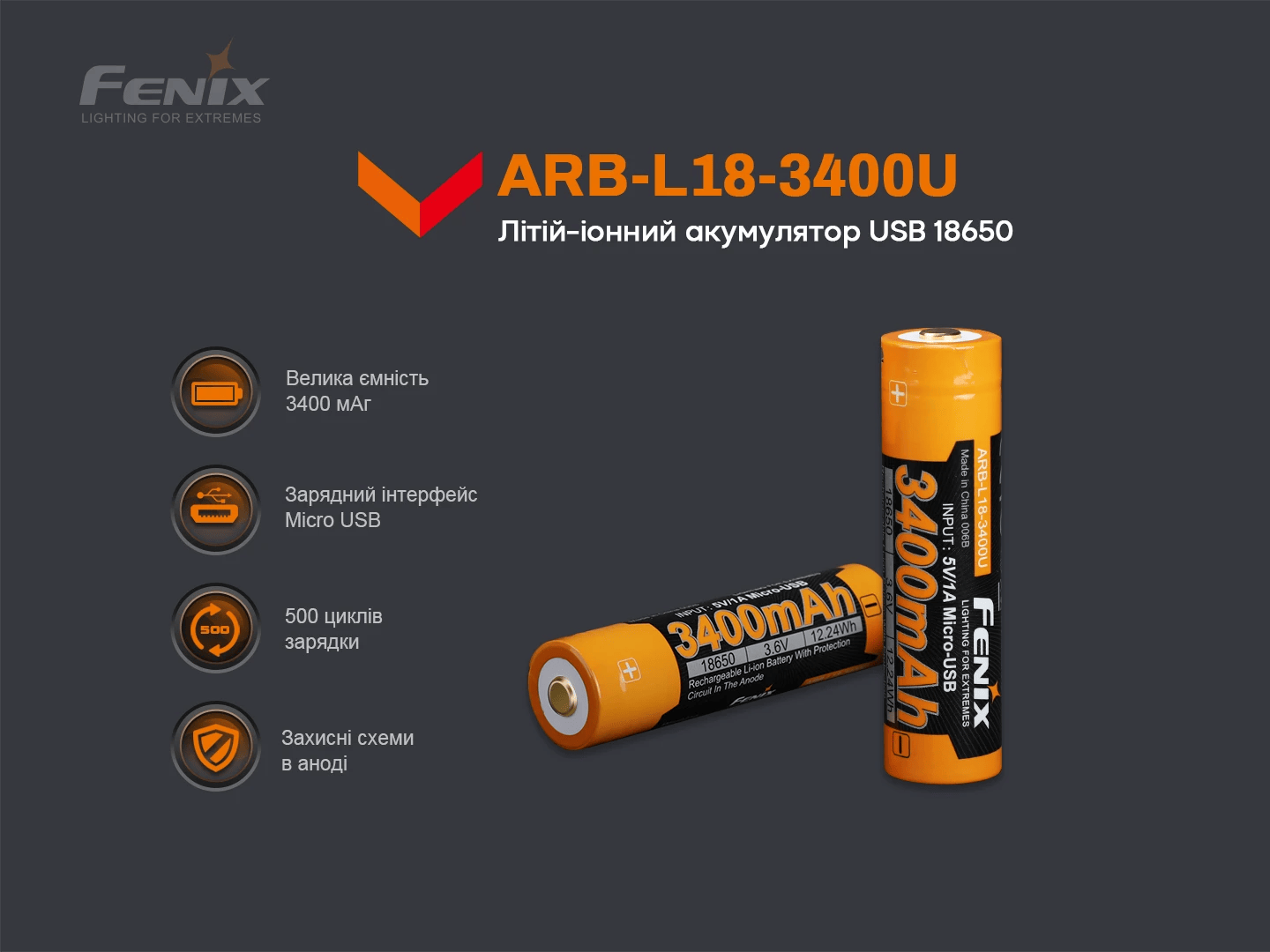 Акумулятор Fenix 18650 (3400 mAh) micro usb зарядка Фото 2